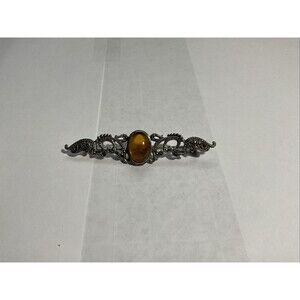 Vintage Antique Sterling Silver Amber Brooch Leaf Ornate